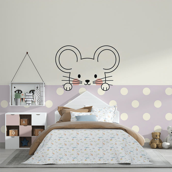 Nursery room wallpaper | Playful little mouse on a polka dot background