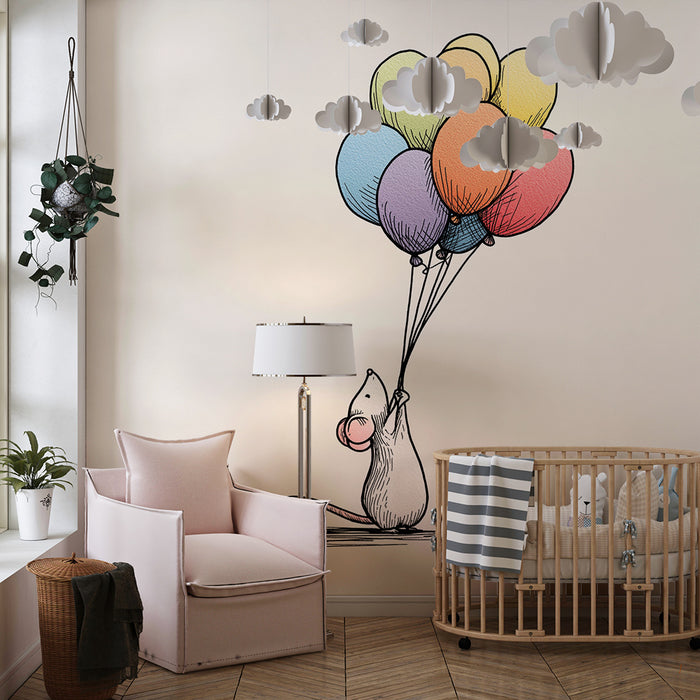 Papel de parede quarto bebê | Ratinho e balões coloridos para um universo alegre