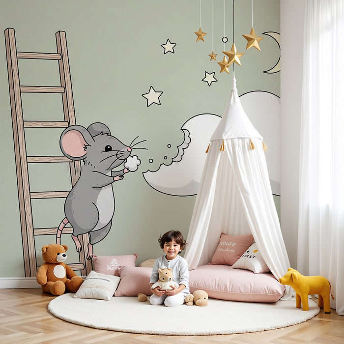 Babyzimmer-Tapete | Träumende kleine Maus auf einer Sternenleiter