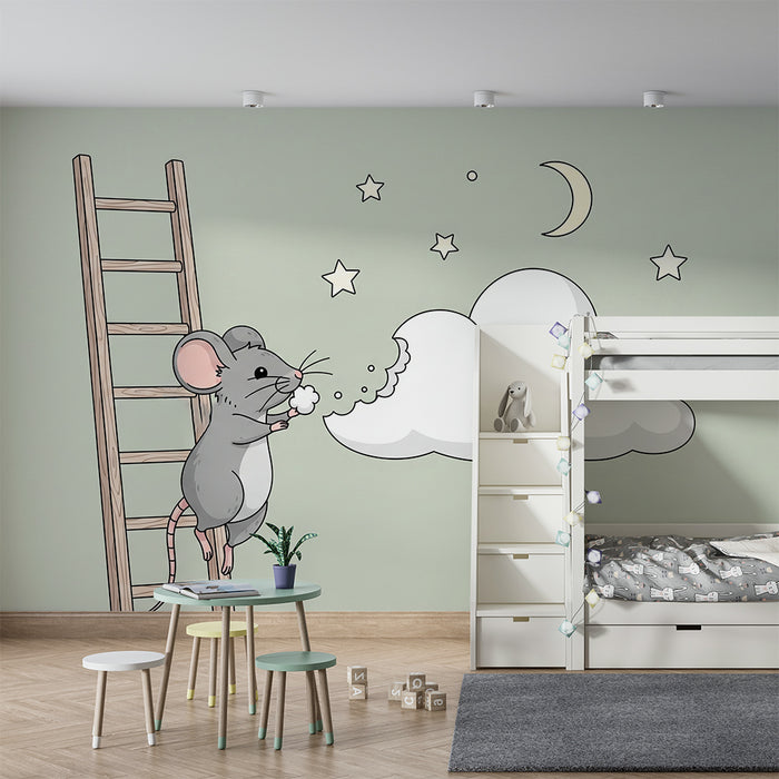 Babyzimmer-Tapete | Träumende kleine Maus auf einer Sternenleiter