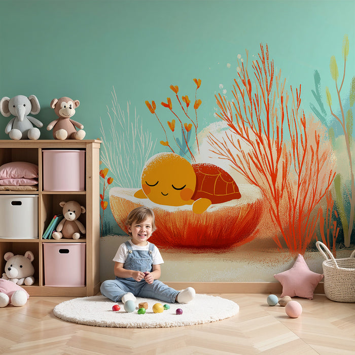Babykamer behang | Kleine slapende schildpad op de bodem van de oceaan