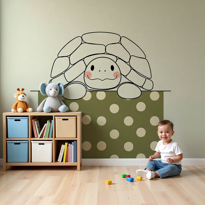 Papel de parede quarto bebê | Pequena tartaruga fofa em fundo de bolinhas