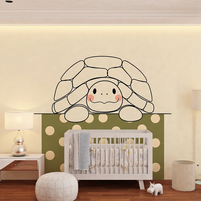 Papel de parede quarto bebê | Pequena tartaruga fofa em fundo de bolinhas