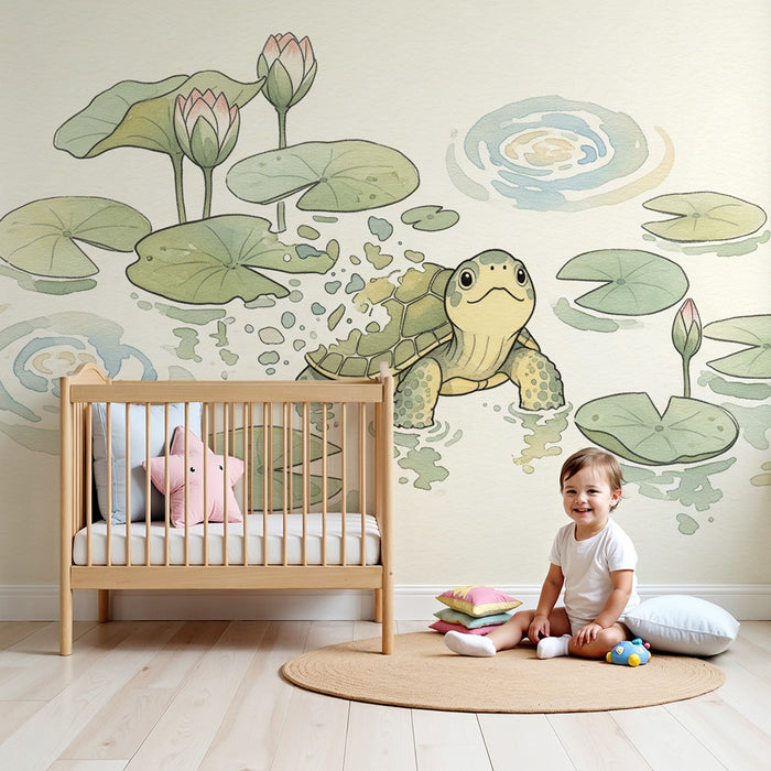 Baby room wallpaper | Little turtle swimming among water lilies