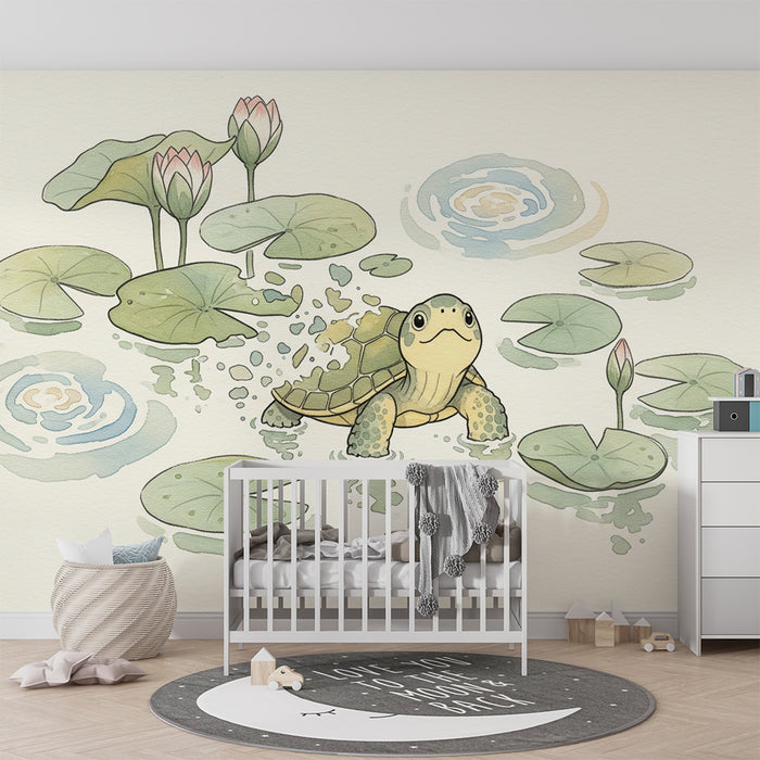 Baby room wallpaper | Little turtle swimming among water lilies