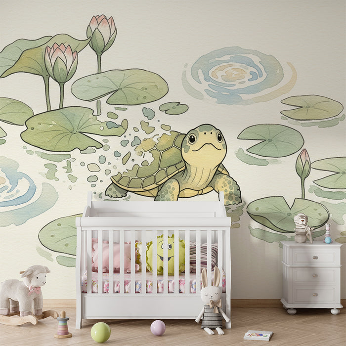 Baby room wallpaper | Little turtle swimming among water lilies