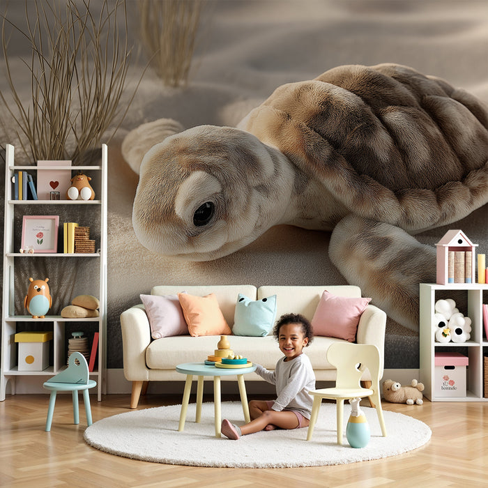 Papel de parede quarto bebê | Pequena tartaruga na areia com ervas delicadas