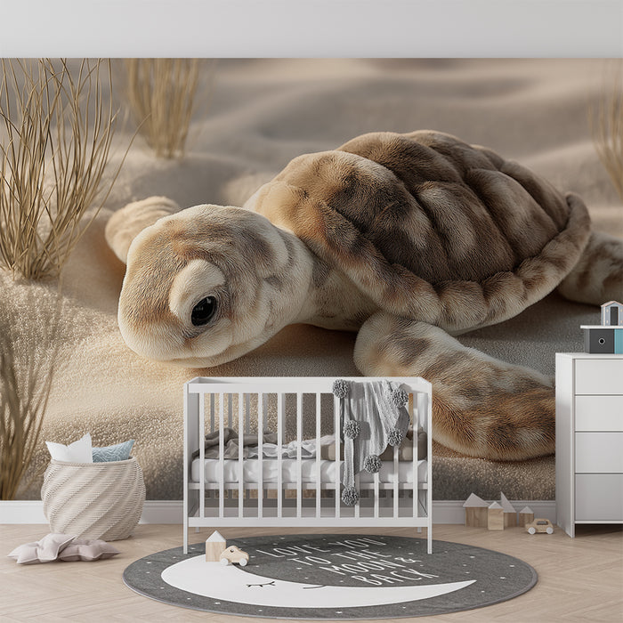 Papel de parede quarto bebê | Pequena tartaruga na areia com ervas delicadas