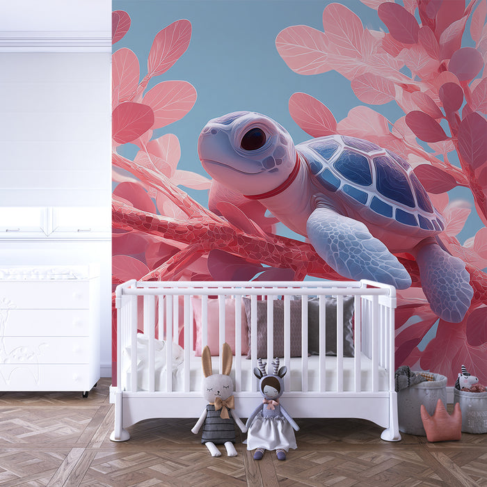 Papel de parede quarto bebê | Pequena tartaruga em um galho com folhas cor de rosa