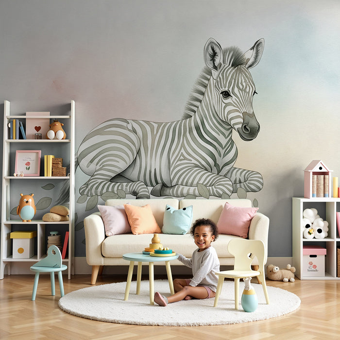 Papier peint chambre bébé | Petite zebra et feuillage apaisant