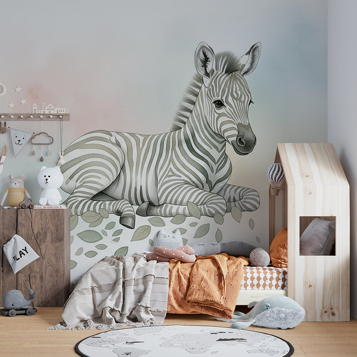 Papier peint chambre bébé | Petite zebra et feuillage apaisant
