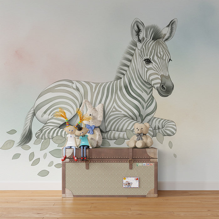 Papier peint chambre bébé | Petite zebra et feuillage apaisant