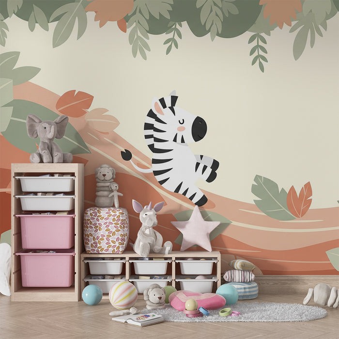 Lastenhuoneen tapetti | Pieni iloinen seepra trooppisessa maisemassa