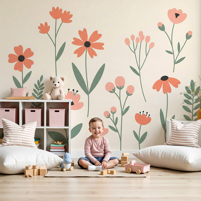 Tapet barnerom | Små blomster med røde kronblader på myk bakgrunn