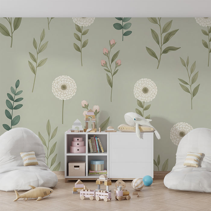 Tapet barnerom | Små blomster på salviegrønn bakgrunn