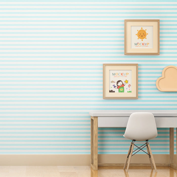 Tapet barnerom | Små horisontale blå og hvite striper