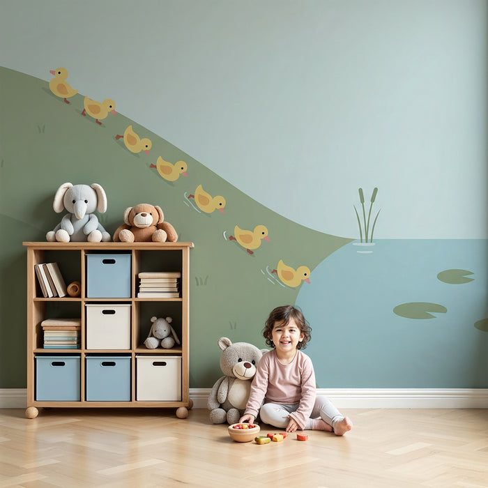 Børneværelse tapet | Glade små ænder ved vandkanten