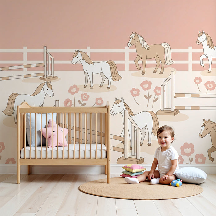 Papier peint chambre bébé | Petits chevaux dans un champ fleuri