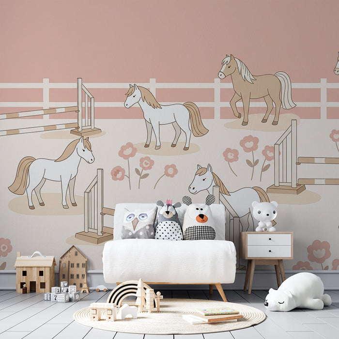 Papier peint chambre bébé | Petits chevaux dans un champ fleuri