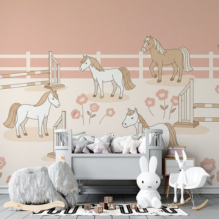 Papier peint chambre bébé | Petits chevaux dans un champ fleuri