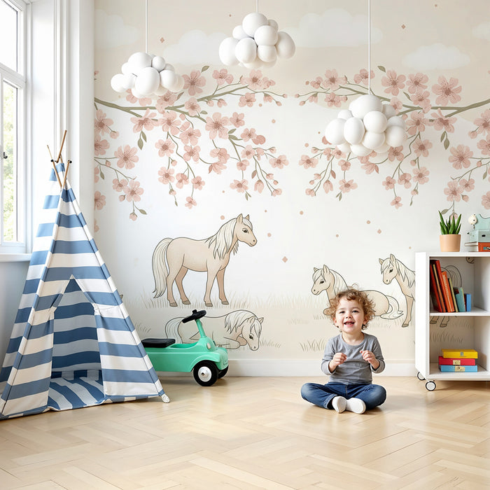 Papier peint chambre bébé | Petits chevaux sous les cerisiers en fleurs