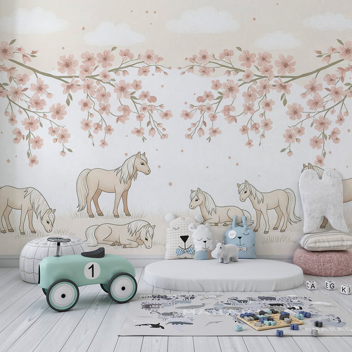 Papier peint chambre bébé | Petits chevaux sous les cerisiers en fleurs