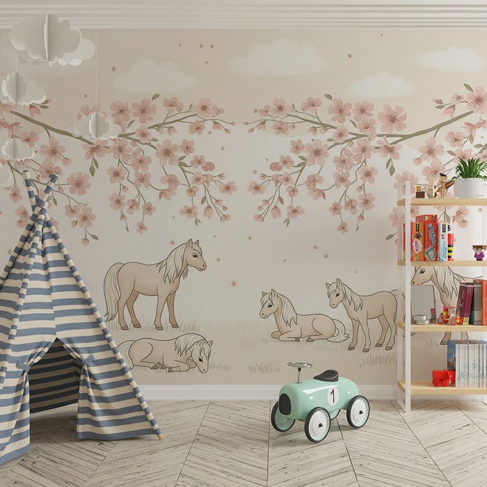 Papier peint chambre bébé | Petits chevaux sous les cerisiers en fleurs