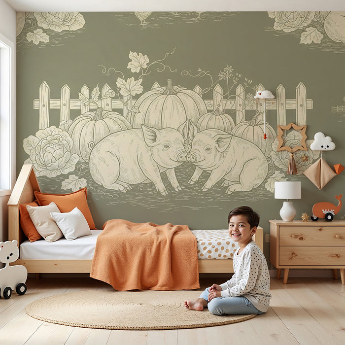Papier peint chambre bébé | Petits cochons et ferme avec citrouilles et fleurs