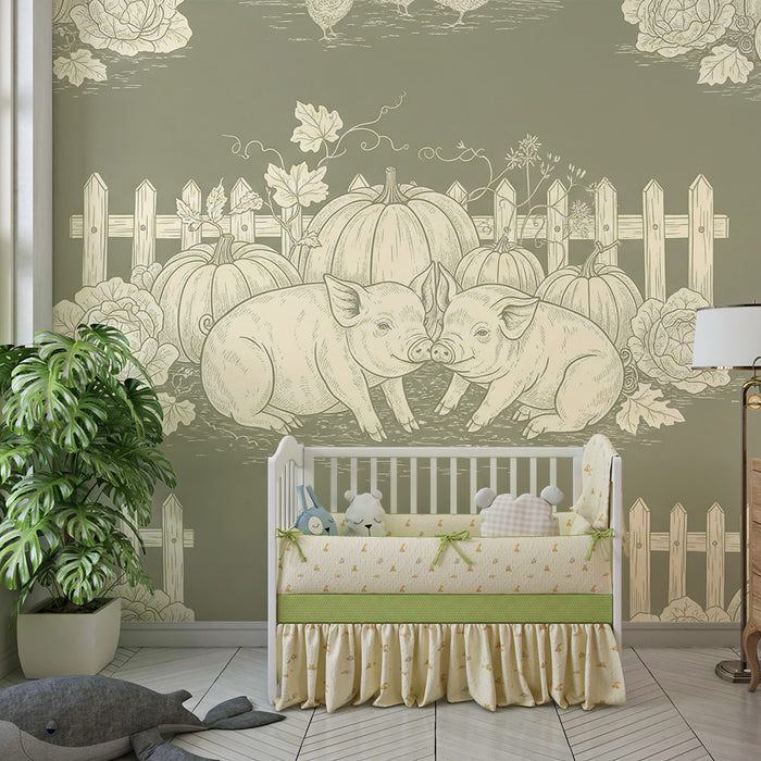 Papier peint chambre bébé | Petits cochons et ferme avec citrouilles et fleurs