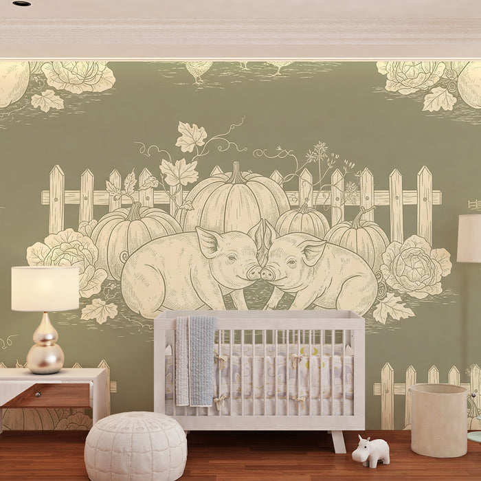Papier peint chambre bébé | Petits cochons et ferme avec citrouilles et fleurs