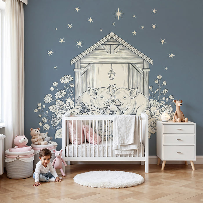Papel de parede para quarto de bebé | Porquinhos e flores sob um céu estrelado