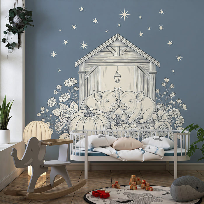 Papel de parede para quarto de bebé | Porquinhos e flores sob um céu estrelado