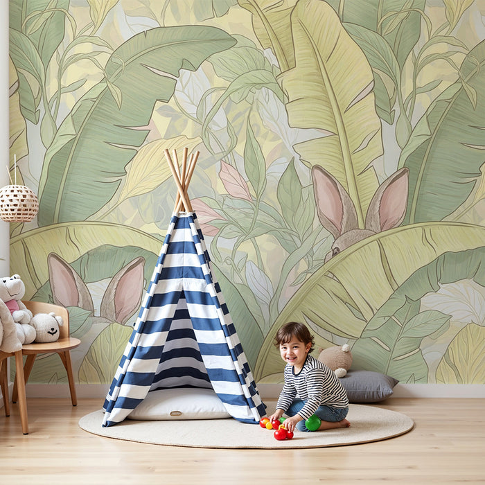 Nursery room wallpaper | Little rabbits in the tropical jungle