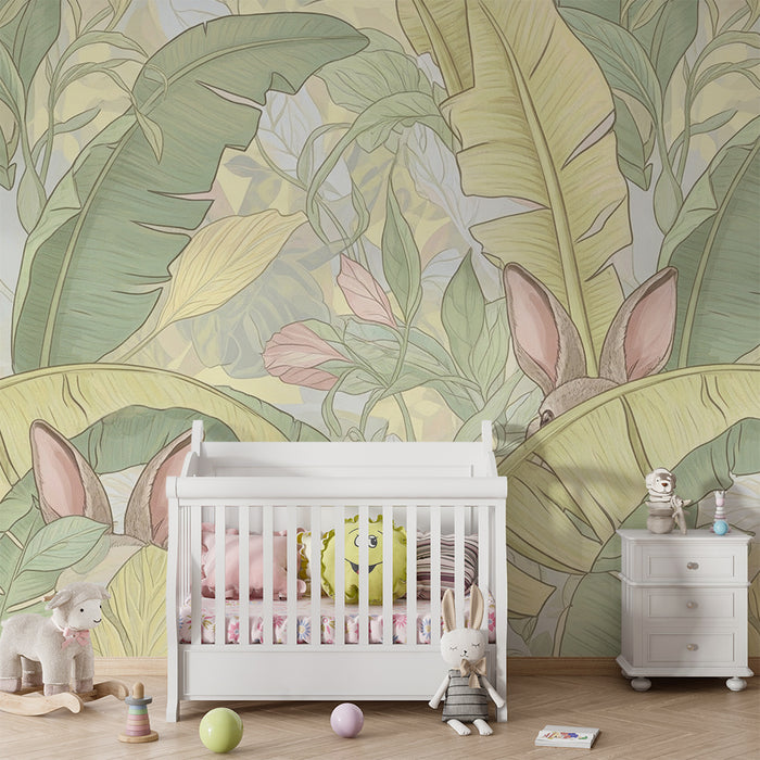 Nursery room wallpaper | Little rabbits in the tropical jungle