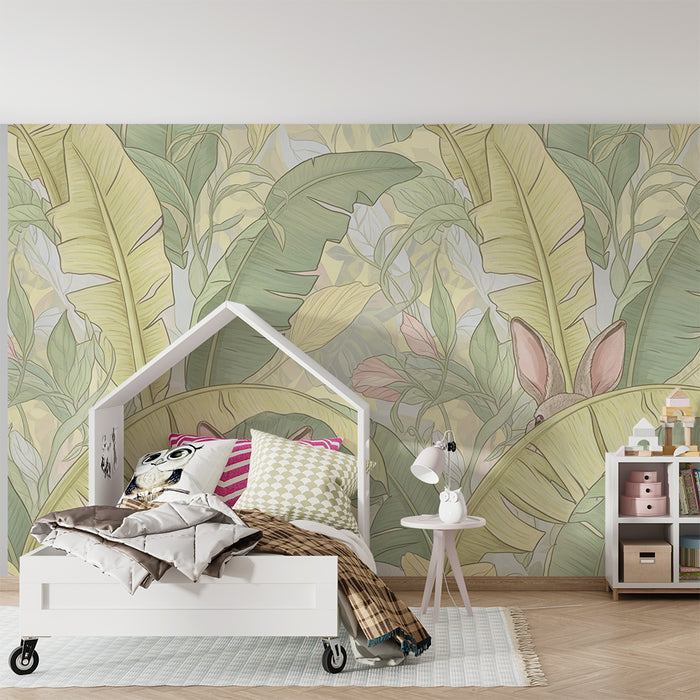 Nursery room wallpaper | Little rabbits in the tropical jungle