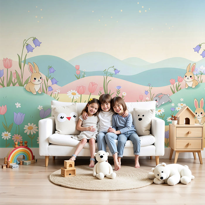 Papier peint chambre bébé | Petits lapins dans un champ fleuri pastel