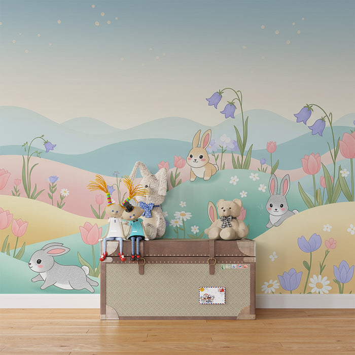 Papier peint chambre bébé | Petits lapins dans un champ fleuri pastel