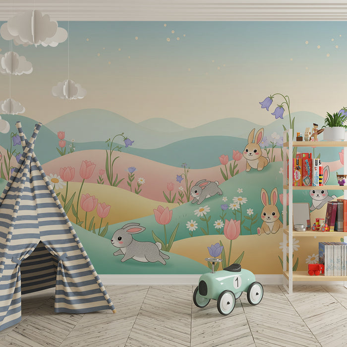 Papier peint chambre bébé | Petits lapins dans un champ fleuri pastel
