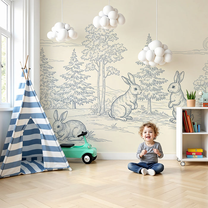 Tapete fürs Babyzimmer | Kleine Hasen in einer Naturlandschaft