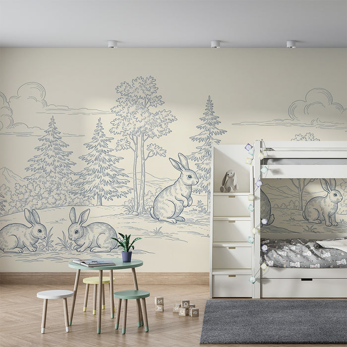 Tapete fürs Babyzimmer | Kleine Hasen in einer Naturlandschaft