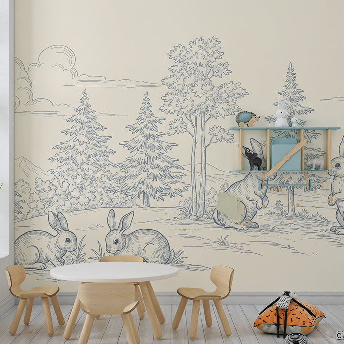 Tapete fürs Babyzimmer | Kleine Hasen in einer Naturlandschaft