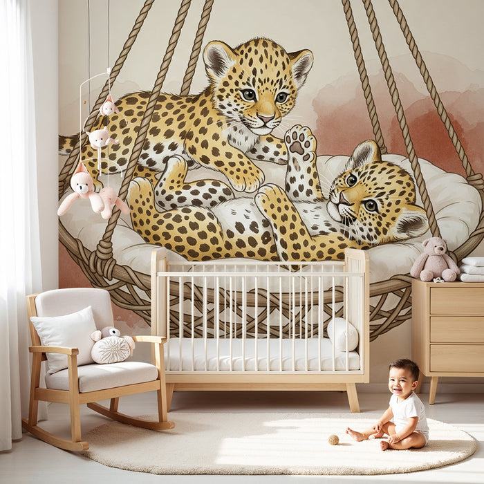 Papel pintado infantil | Pequeños leopardos en una hamaca