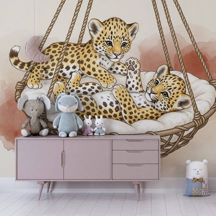 Papel pintado infantil | Pequeños leopardos en una hamaca