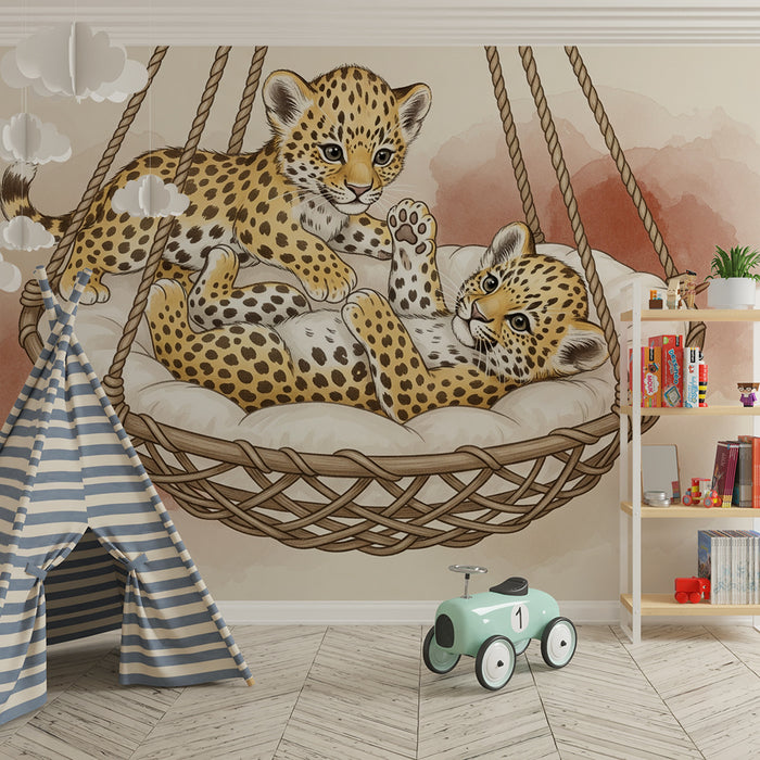 Papel pintado infantil | Pequeños leopardos en una hamaca