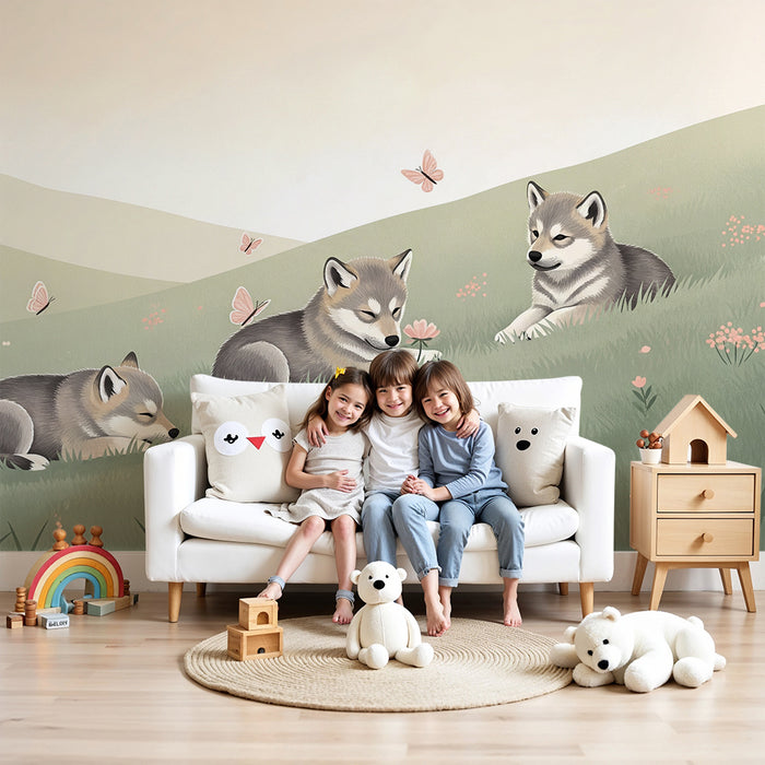 Papier peint chambre bébé | Petits loups dans un champ fleuri avec papillons