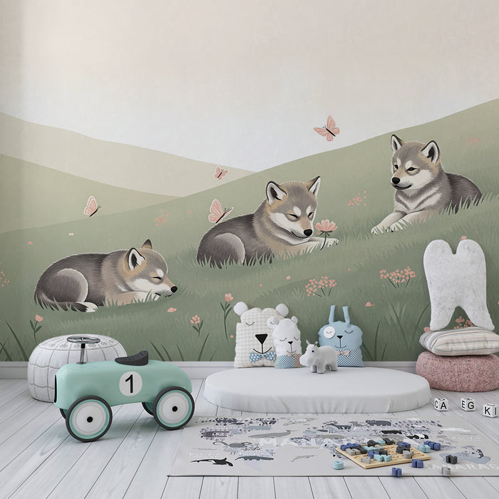 Papier peint chambre bébé | Petits loups dans un champ fleuri avec papillons