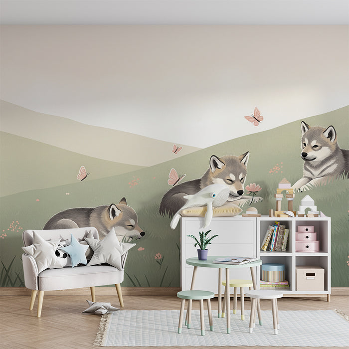 Papier peint chambre bébé | Petits loups dans un champ fleuri avec papillons