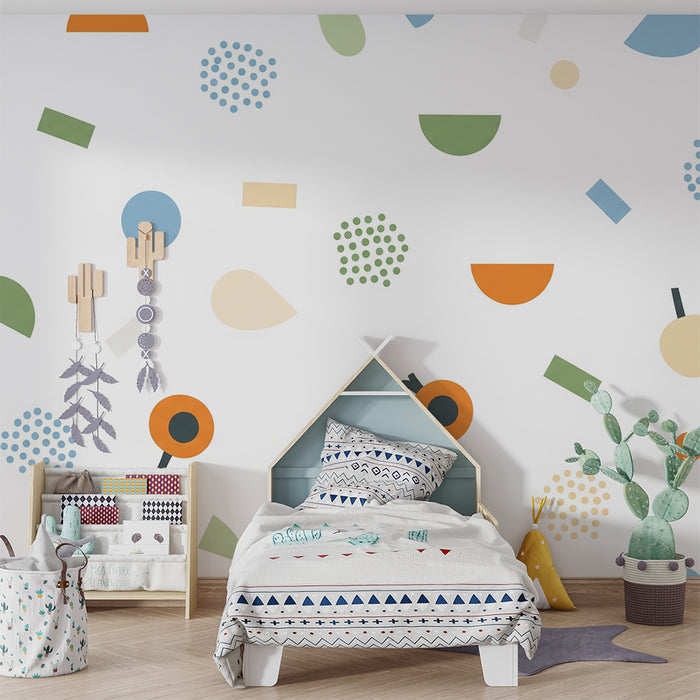 Nursery room wallpaper | Small colorful geometric patterns on a white background