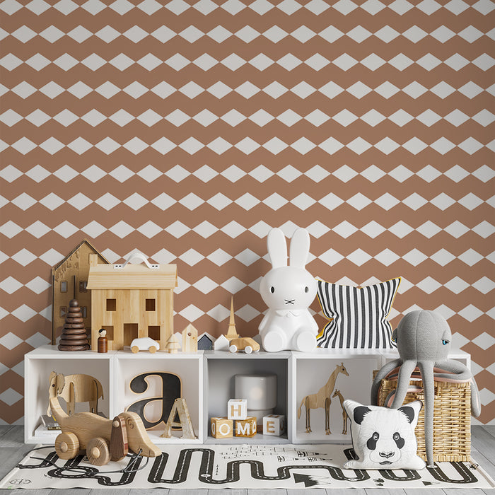 Babykamer behang | Kleine terracotta en witte ruitjesmotieven