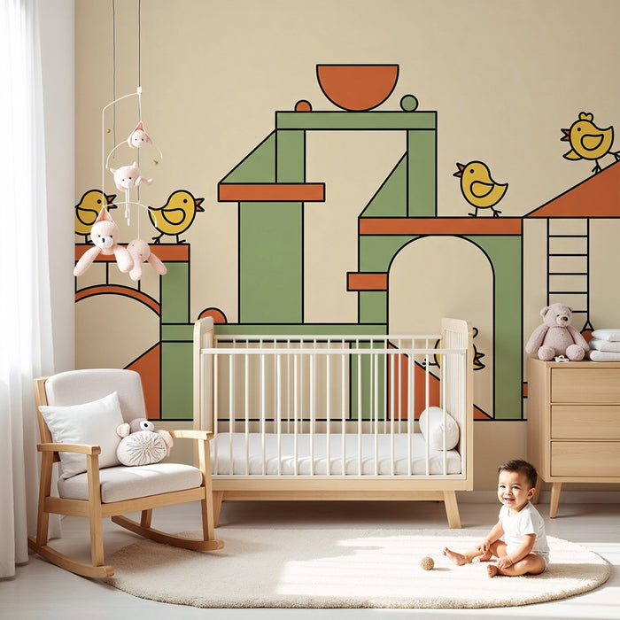 Papel pintado para habitación infantil | Pájaros amarillos sobre estructuras de juego coloridas